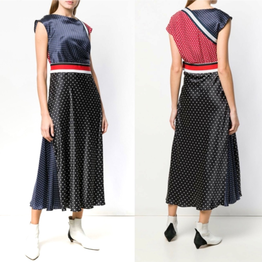 Sportmax 100% Silk Polka Dot Color Block Red Navy Black Belted Bold Luxe US 6‎